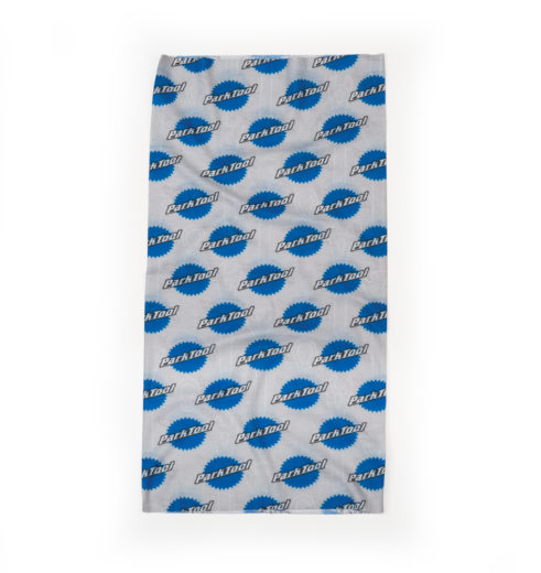 Neck gaiter with Park Tool logo pattern laid flat, click to enlarge