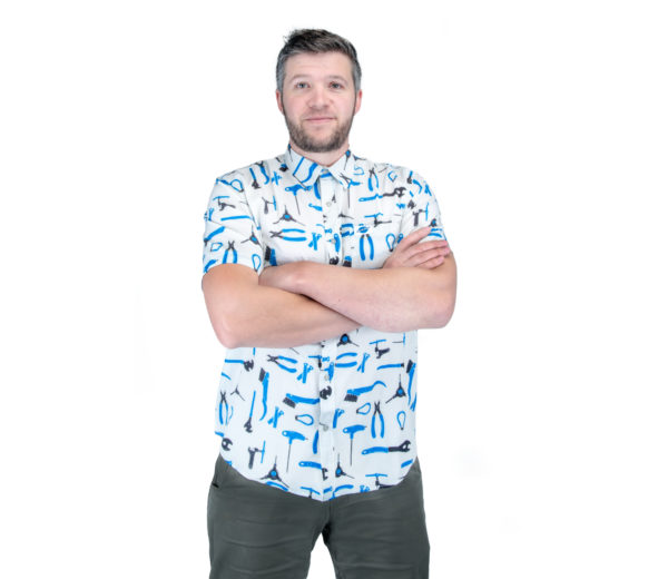 The Park Tool PRT-1 Party Shirt worn by a male model with arms crossed, click to enlarge