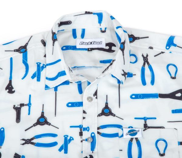 Close-up of the tool print pattern on the Park Tool PRT-1 Party Shirt, click to enlarge