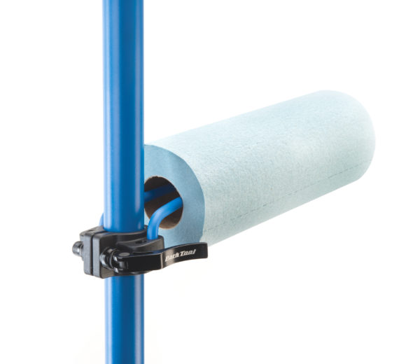Roll of paper towels on the Paper Towel Holder attached to a Park Tool Repair Stand using an accessory collar, click to enlarge