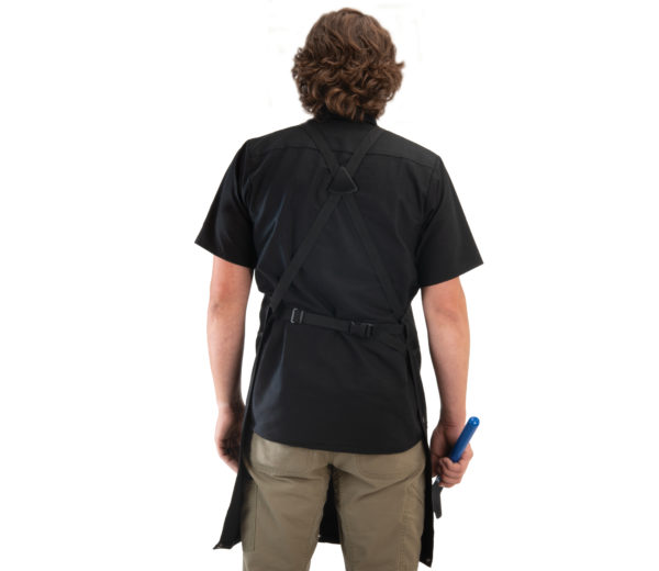 Model wearing the Park Tool SA-3 Heavy Duty Shop Apron with cross straps across back, click to enlarge