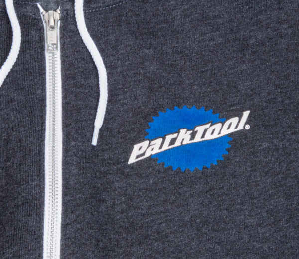 Screen printed Park Tool logo in the left pocket area of the SWH-6 Gray Zip-Up Hoodie, click to enlarge