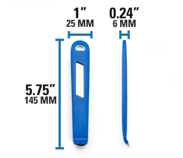 Closeup of the Park Tool TL-6.3 Steel Core Tire Levers with dimensions for length, width, and thickness., click to enlarge