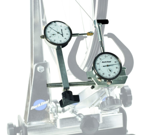 The Park Tool TS-2Di Dial Indicator Gauge Set on truing stand, click to enlarge
