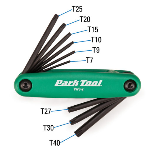 The Park Tool TWS-2 Fold-Up Torx® Compatible Wrench Set measurements, click to enlarge