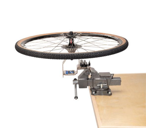 Park Tool WH-1 Wheel Holder holding thru axle wheel horizontally, click to enlarge