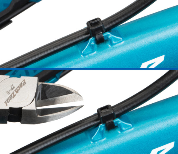 Park Tool ZP-5 Flush Cut Pliers trimming end of installed zip tie, click to enlarge