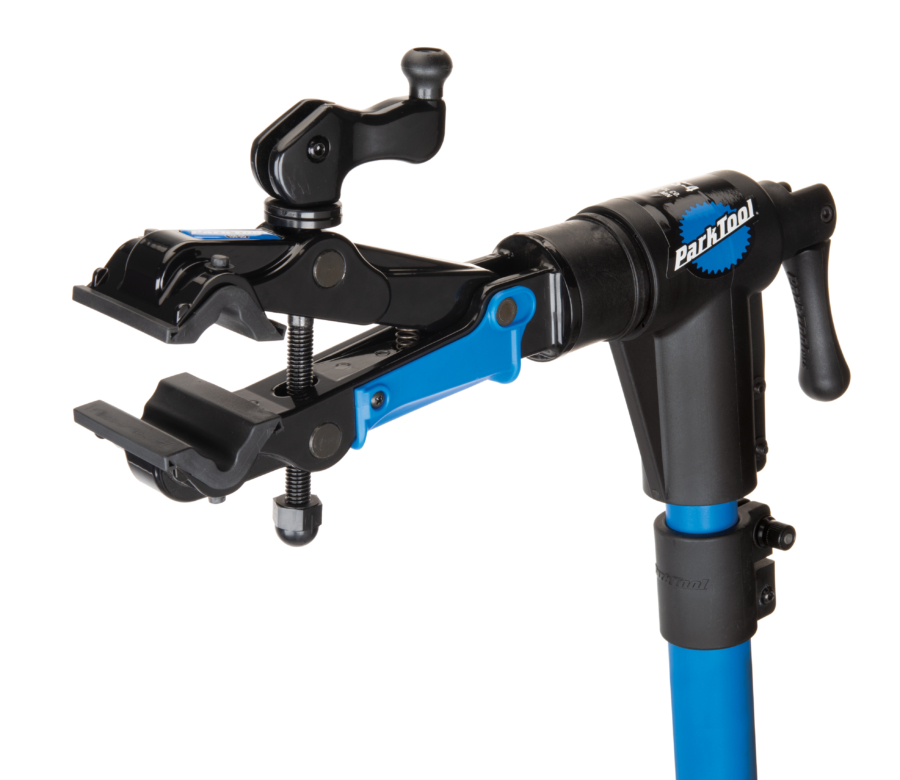 The Park Tool 100-5D Professional Micro-Adjust Clamp attached to repair stand with cam engaged, enlarged