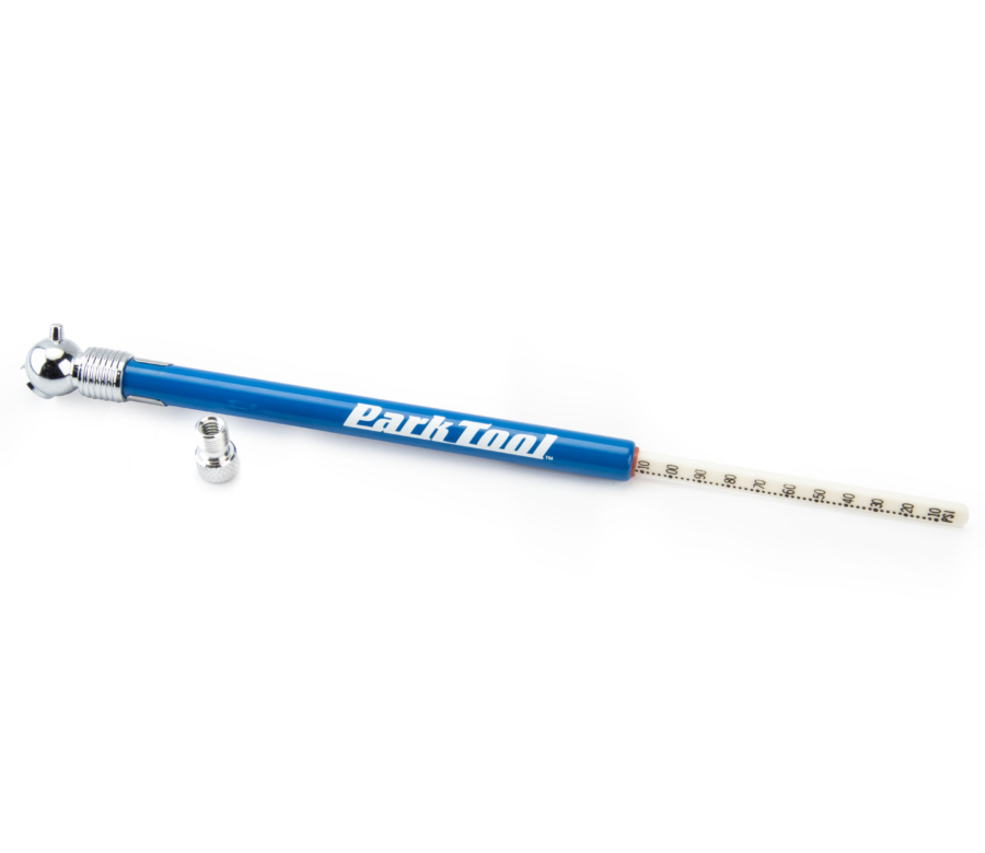 The Park Tool 1063K Tire Pressure Gauge with gauge extended and Presta adaptor shown, enlarged
