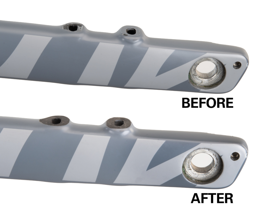 Before and after using 2197 DT-5 / DT-5.2 Diamond Abrasive Adaptor for Carbon Fiber on a fork caliper mount, enlarged