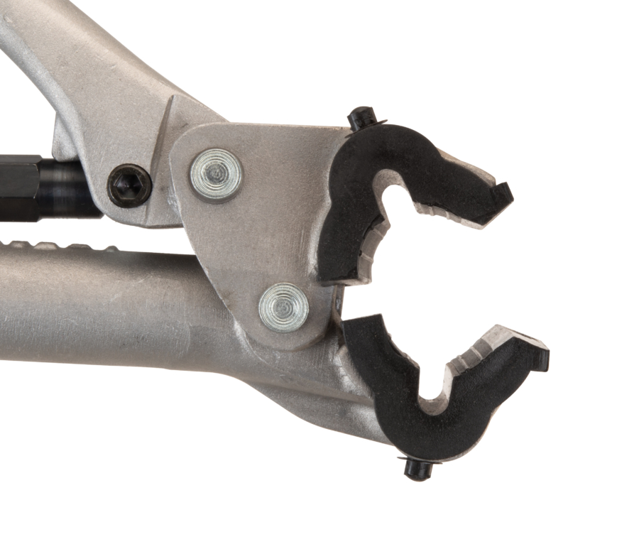 The Park Tool 468B Replacement Jaw Covers installed on a 100-3C Professional Adjustable Linkage Clamp, enlarged