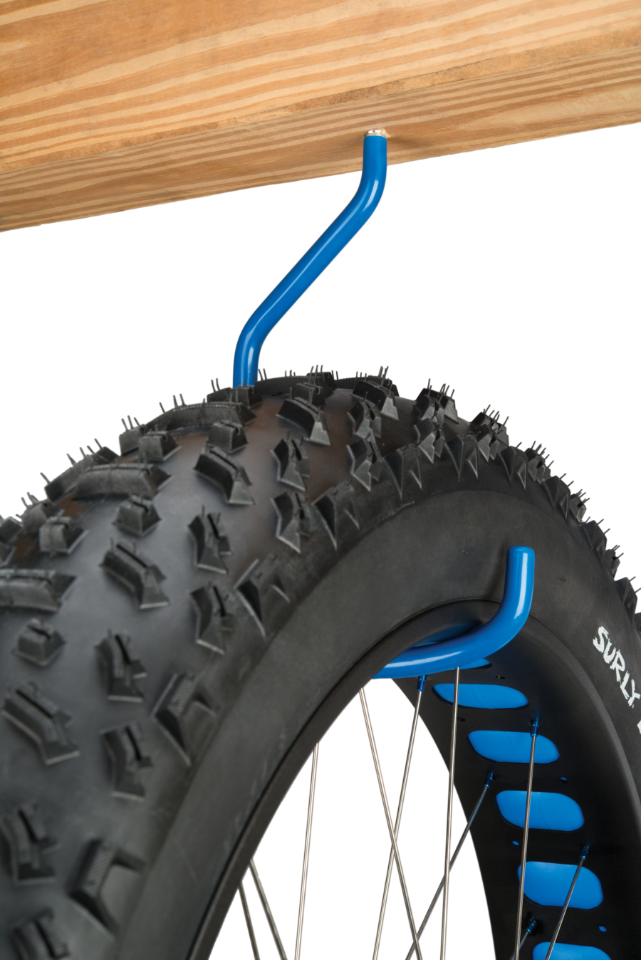 The Park Tool 471 Extra-Large Storage Hook — Wood Thread holding fat tire bike wheel, enlarged