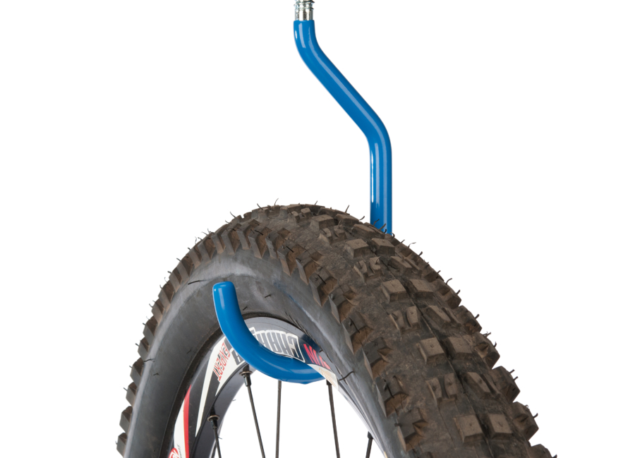 The Park Tool 471 Oversized Storage Hook — Wood Thread holding bike wheel, enlarged