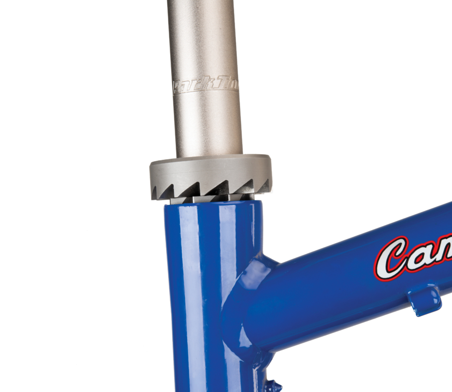 The Park Tool 461S.2 42.0mm Reamer mounted on HTR-1 with spacer for deeper cuts, inserted into head tube, enlarged