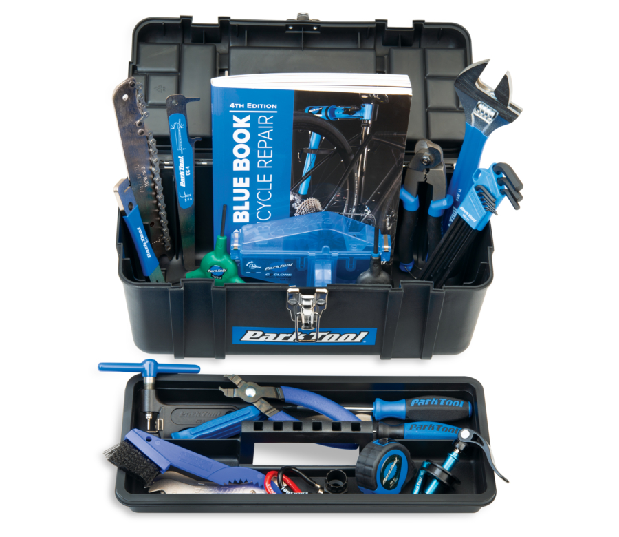 Contents of Park Tool AK-5 Advanced Mechanic Tool Kit in box with inner tray removed, enlarged