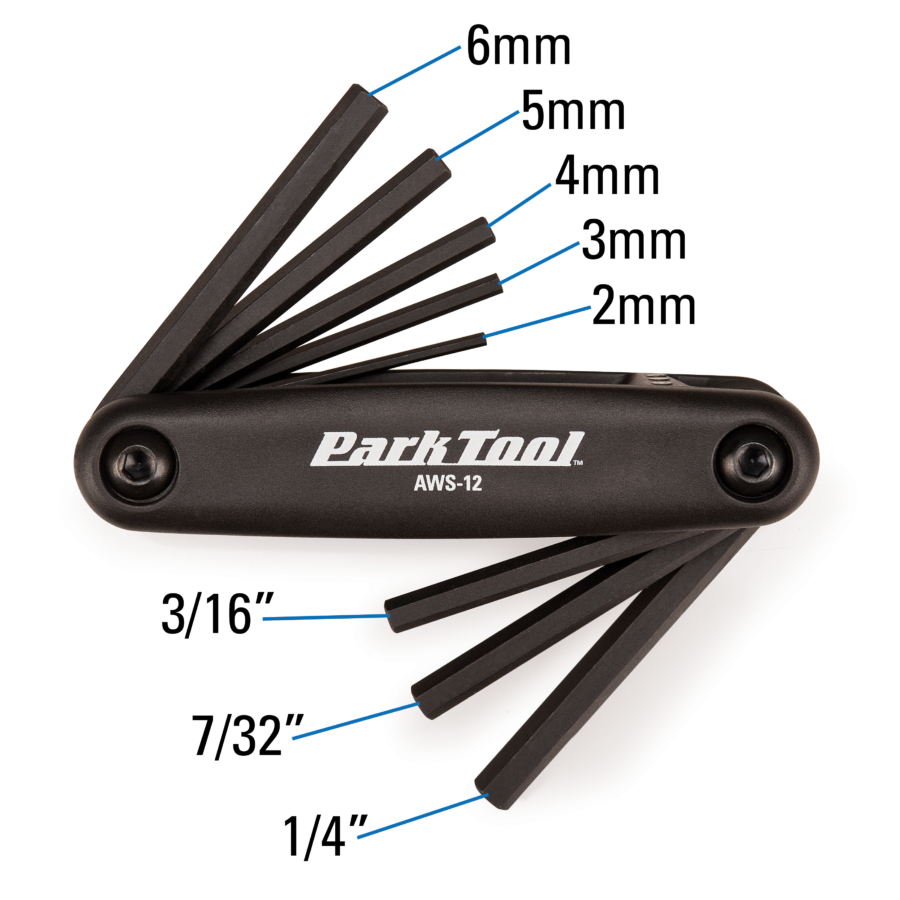 Park Tool AWS-12 Fold-Up Hex Wrench Set in black measurements, enlarged