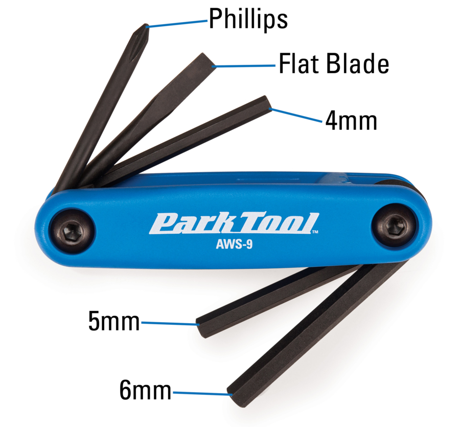 The Park Tool AWS-9 Fold-Up Hex Wrench Set measurements, enlarged