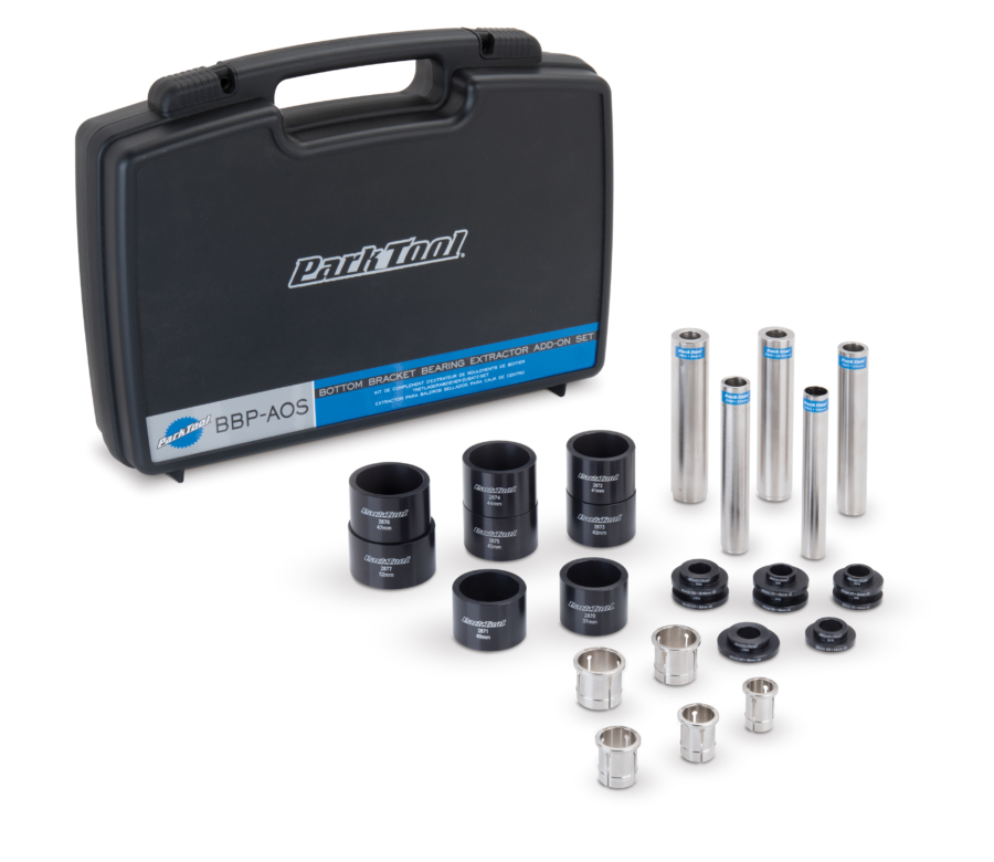 The Park Tool BBP-AOS Bottom Bracket Bearing Extractor Add-On Set shown with included storage case, enlarged