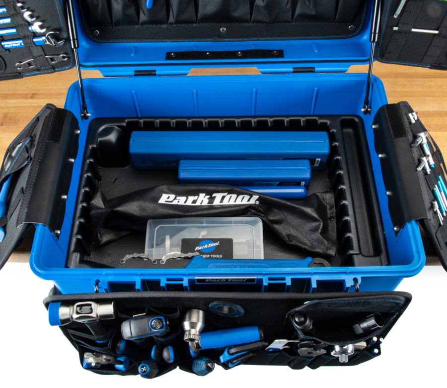 Close up of the inner storage area of the Park Tool BRK-1 Big Rolling Kit toolbox., enlarged