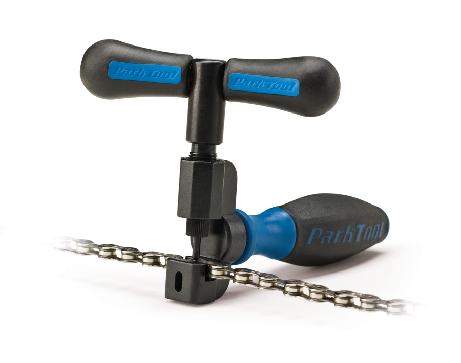 The Park Tool CT-4 Master Chain Tool installing chain rivet, enlarged
