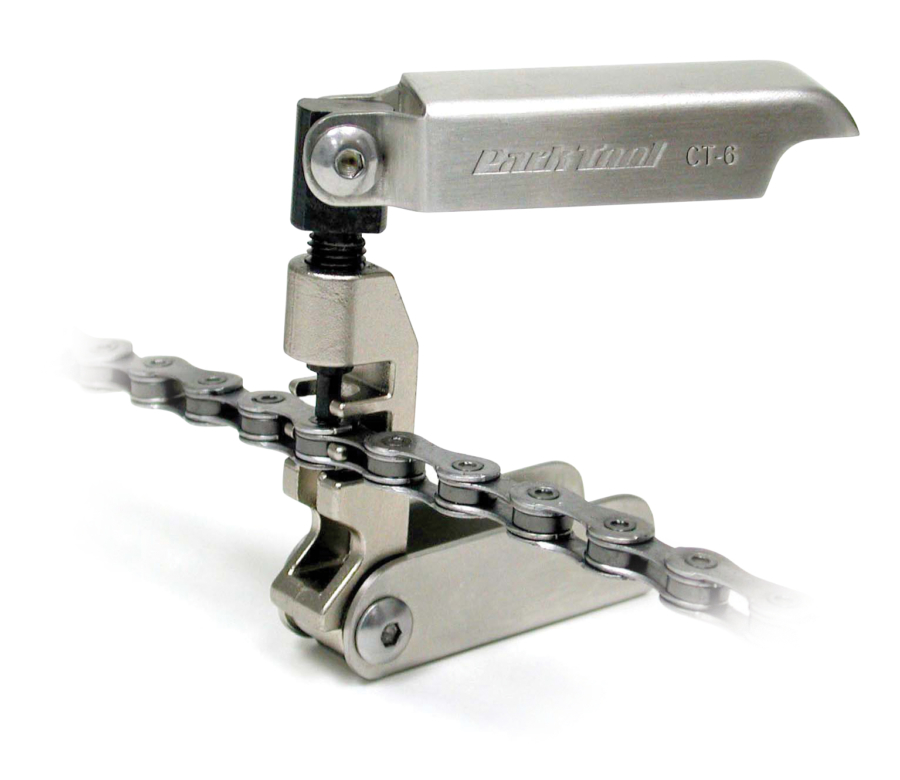 Unfolded Park Tool CT-6 Folding Chain Tool breaking a 10-speed chain, enlarged