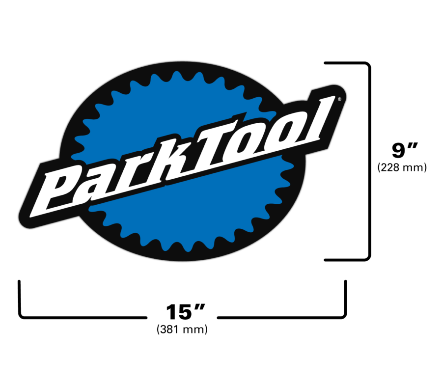 The Park Tool DL-15 Logo Decal, shown with width and height measurements., enlarged