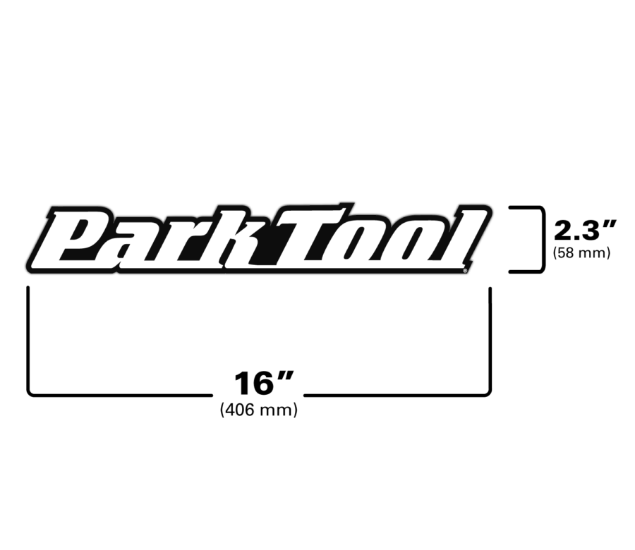 The Park Tool DL-16 Logo Decal, shown with width and height measurements., enlarged