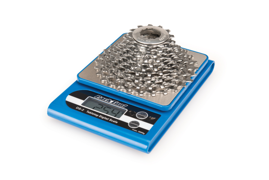 The Park Tool DS-2 Tabletop Digital Scale with chain on top, enlarged