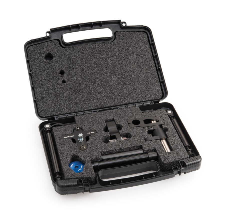 Open box displaying contents of the Park Tool DT-5 Disc Brake Mount Facing Set, enlarged