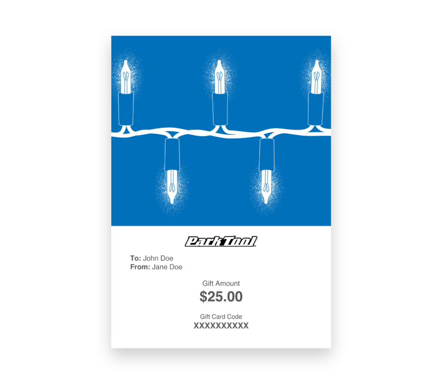 Gift card purchase for parktool.com under an illustration of blue Christmas lights on a blue background, enlarged