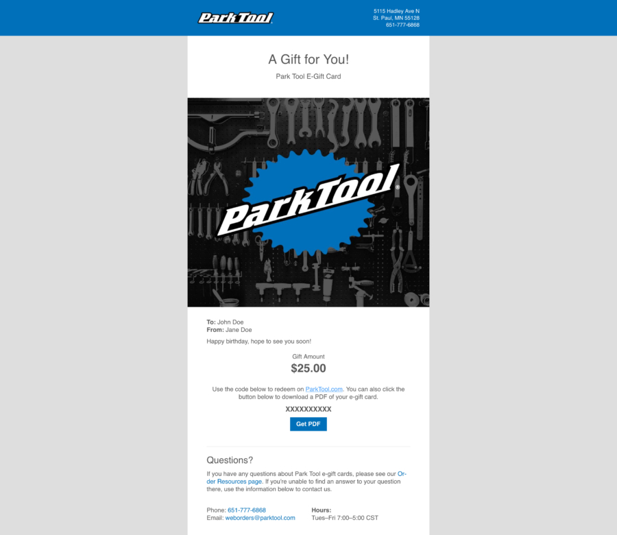 Email containing a gift card for parktool.com under a Park Tool logo with tools behind it, enlarged