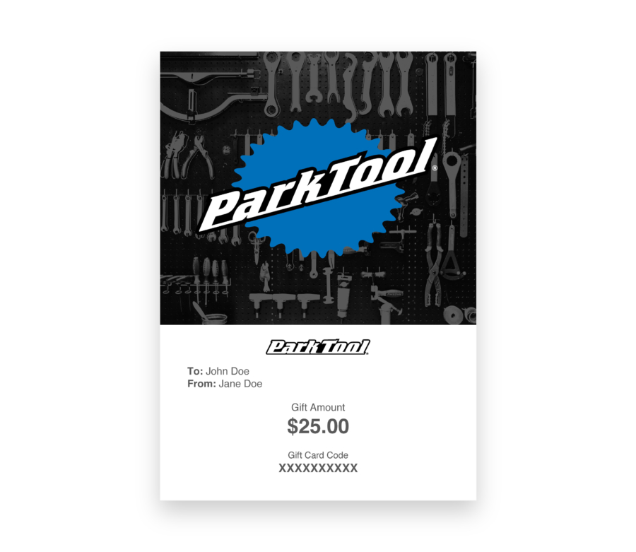 Gift card purchase for parktool.com under a Park Tool logo with tools behind it, enlarged