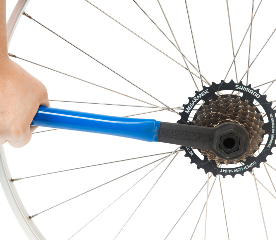 The Park Tool FR-1.3 Freewheel Remover in FRW-1 removing a freewheel cassette, enlarged