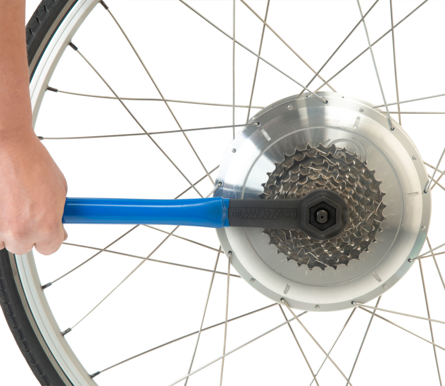 The Park Tool FR-1.3 Freewheel Remover in FRW-1 removing a freewheel cassette on an electric hub motor, enlarged