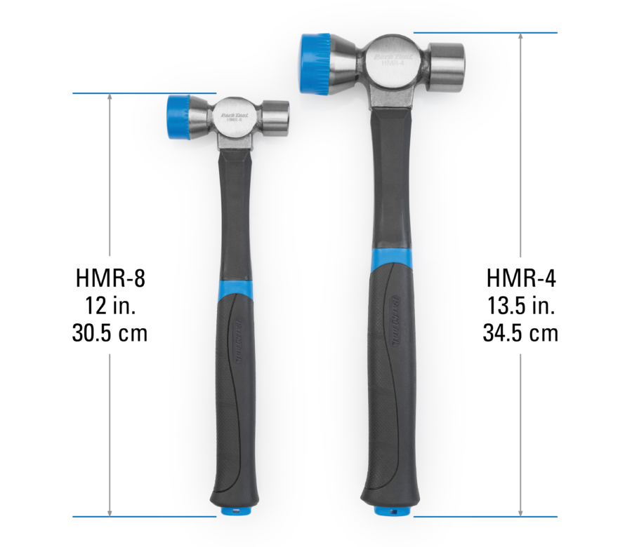Diagram showing the length of two different Park Tool hammers, enlarged