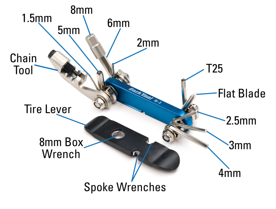 The Park Tool IB-3 I-Beam Multi-Tool contents measurements, enlarged