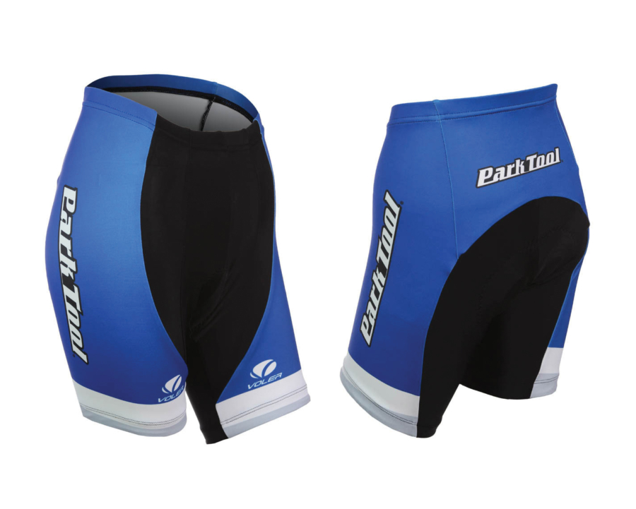Front and back of Park Tool women's racing shorts, enlarged