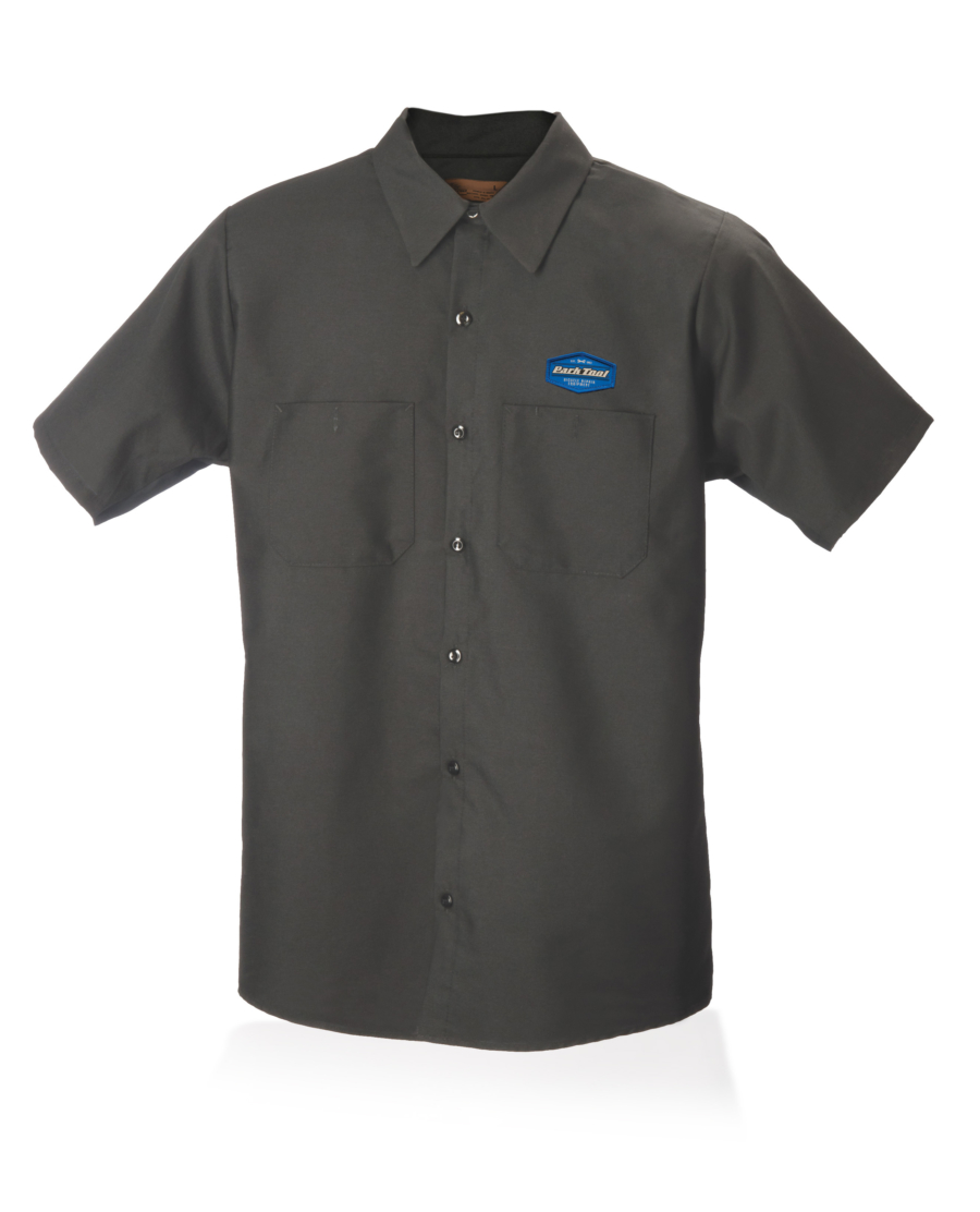 Dark gray collared button up mechanics with Park Tool Logo on chest, enlarged