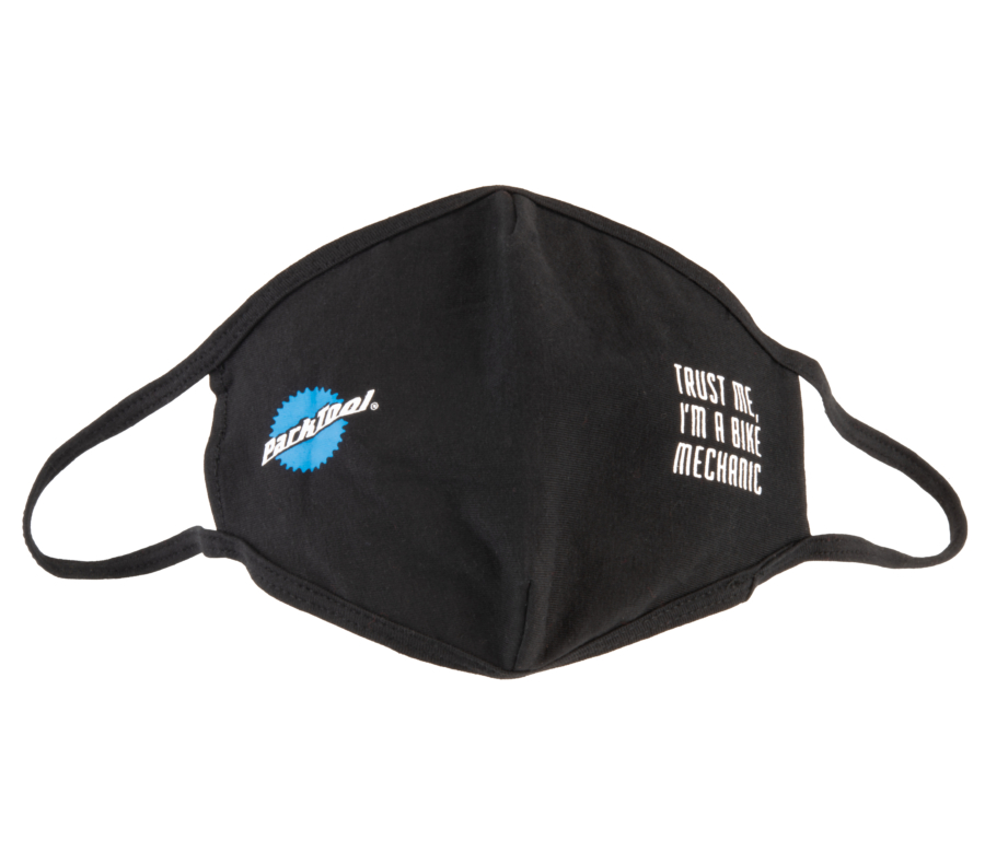 Park Tool MSK-2 Face Mask in black with stacked logo and bike mechanic graphic, enlarged