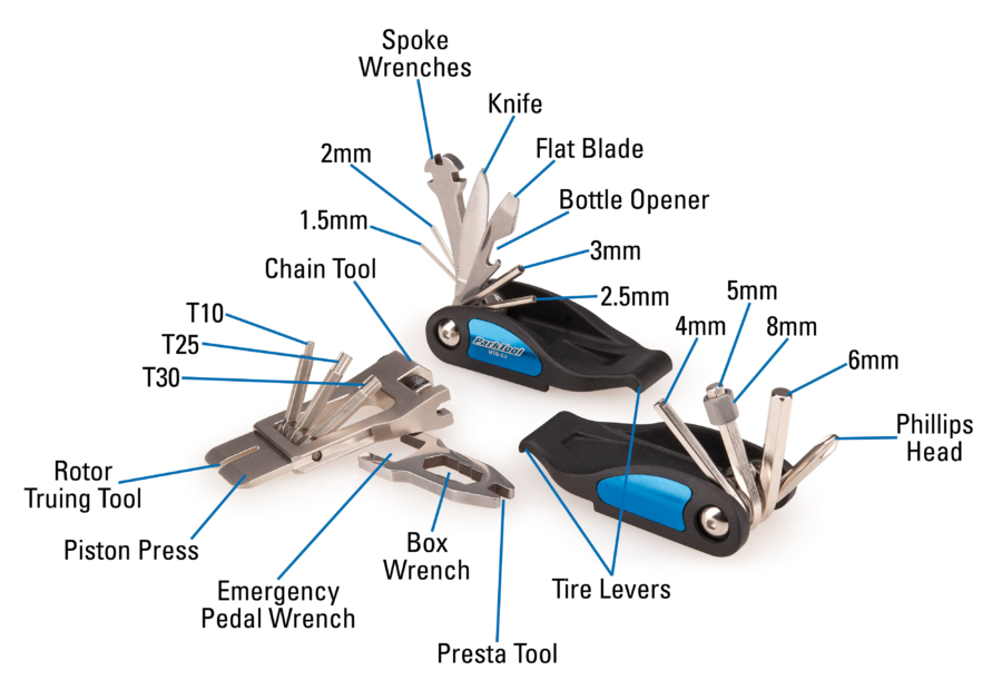 The Park Tool MTB-3.2 Premium Rescue Tool contents measurements, enlarged