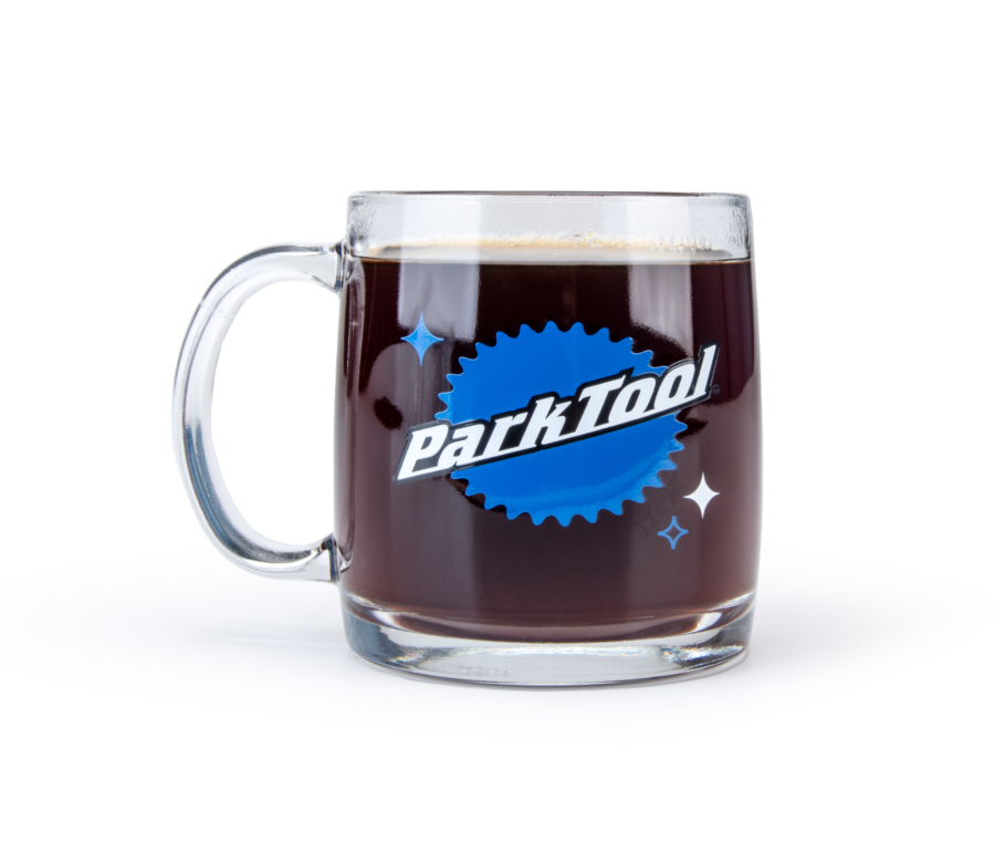 Front view of a Park Tool MUG-7 Glass Mug filled with coffee., enlarged