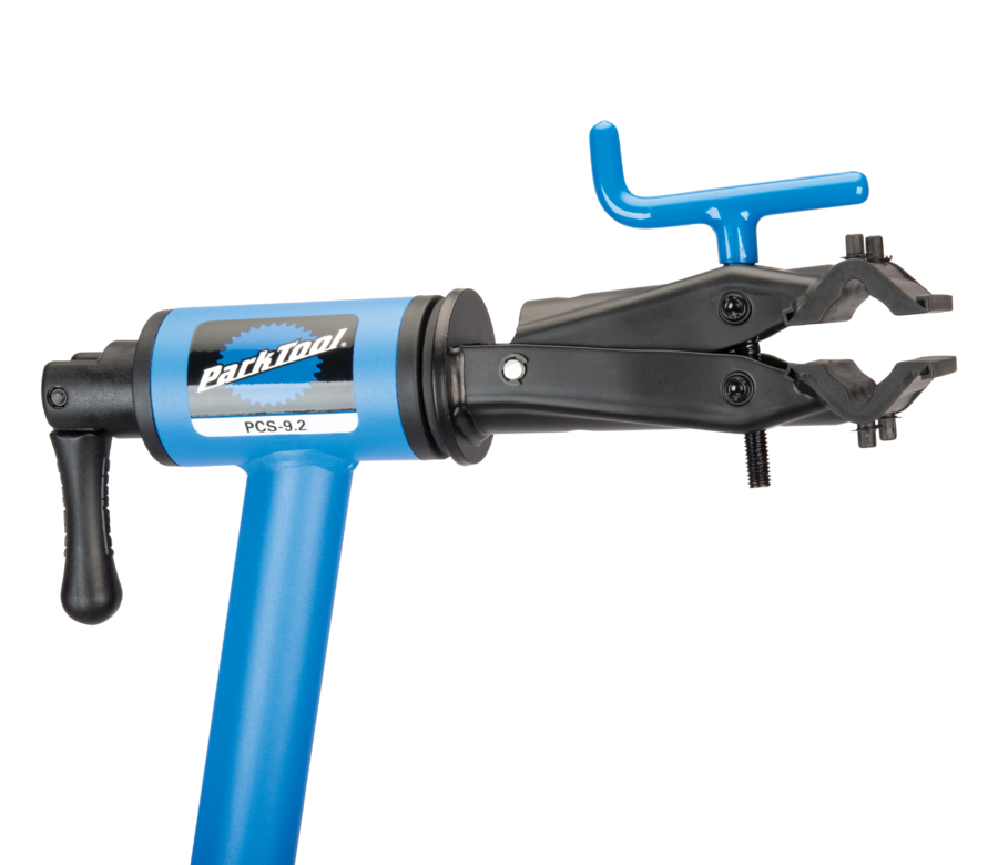 Close-up of the clamp on the Park Tool PCS-9.2 Home Mechanic Repair Stand, enlarged
