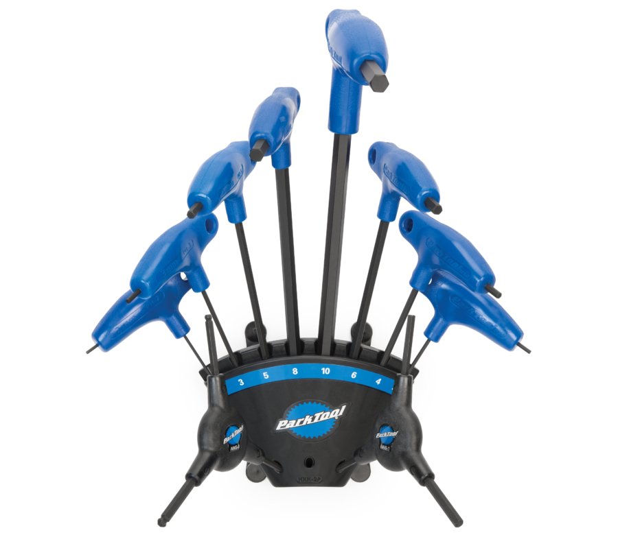 The Park Tool PH-1.2 P-Handle Hex Wrench Set with 3-way wrenches in holder, enlarged