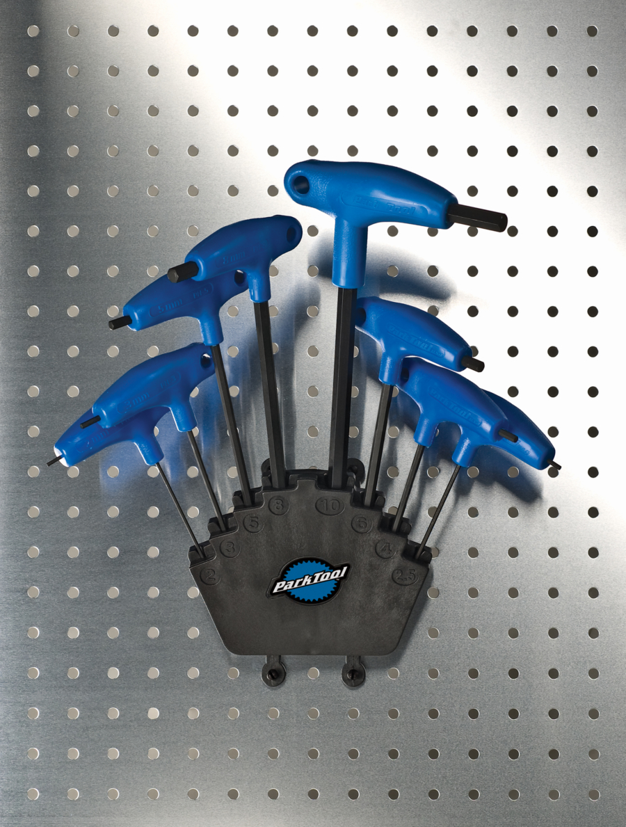 The Park Tool PH-1 P-Handle Hex Wrench Set on pegboard, enlarged