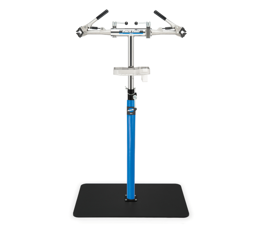 The Park Tool PRS-2.3-1 Deluxe Double Arm Repair Stand with base, enlarged