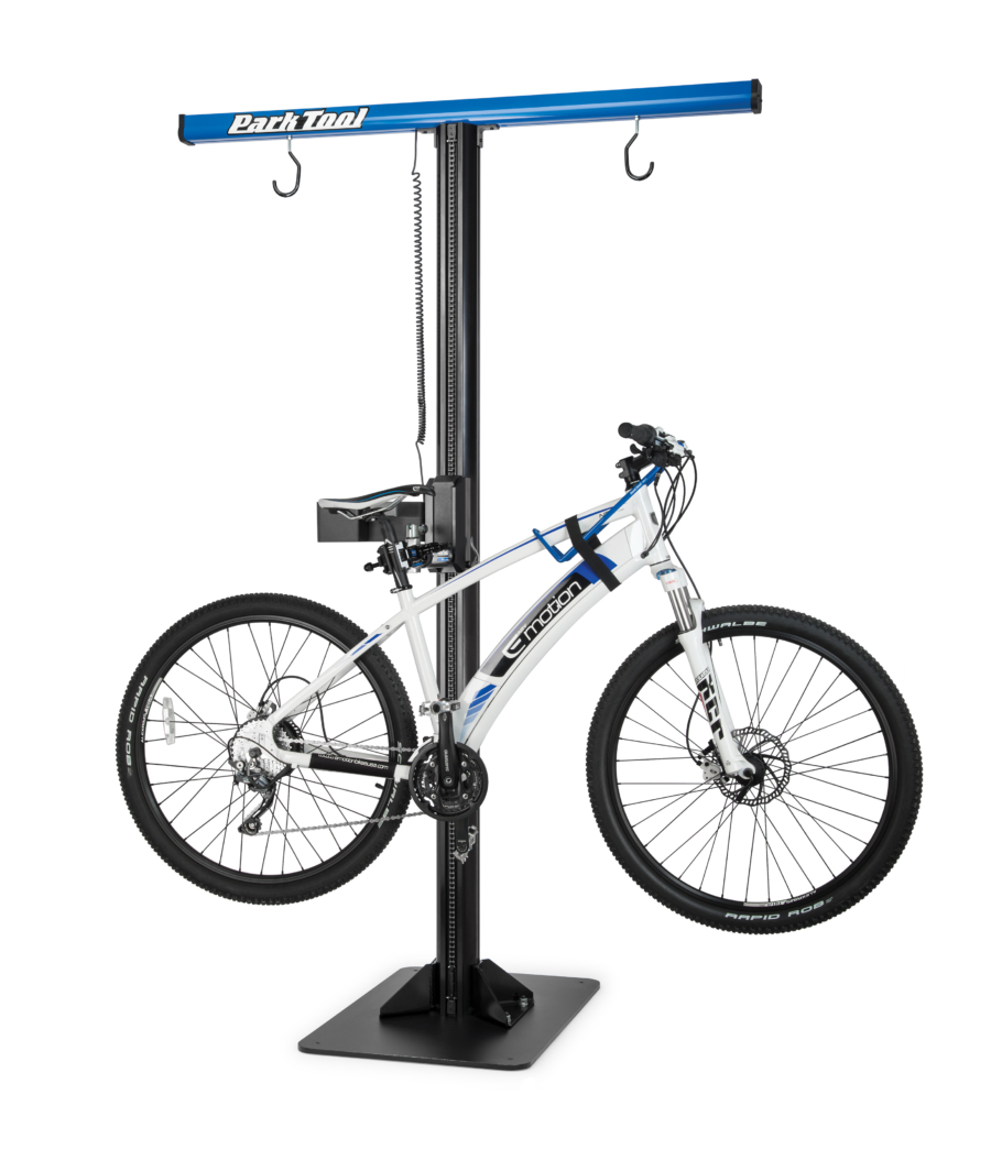 The Park Tool PRS-33 Power Lift Shop Stand with bike mounted, enlarged