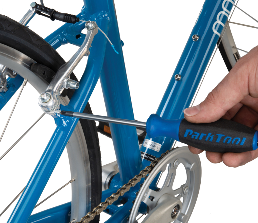 Park Tool SD-2 #2 Phillips Screwdriver adjusting tension screw on rear linear pull brakes, enlarged