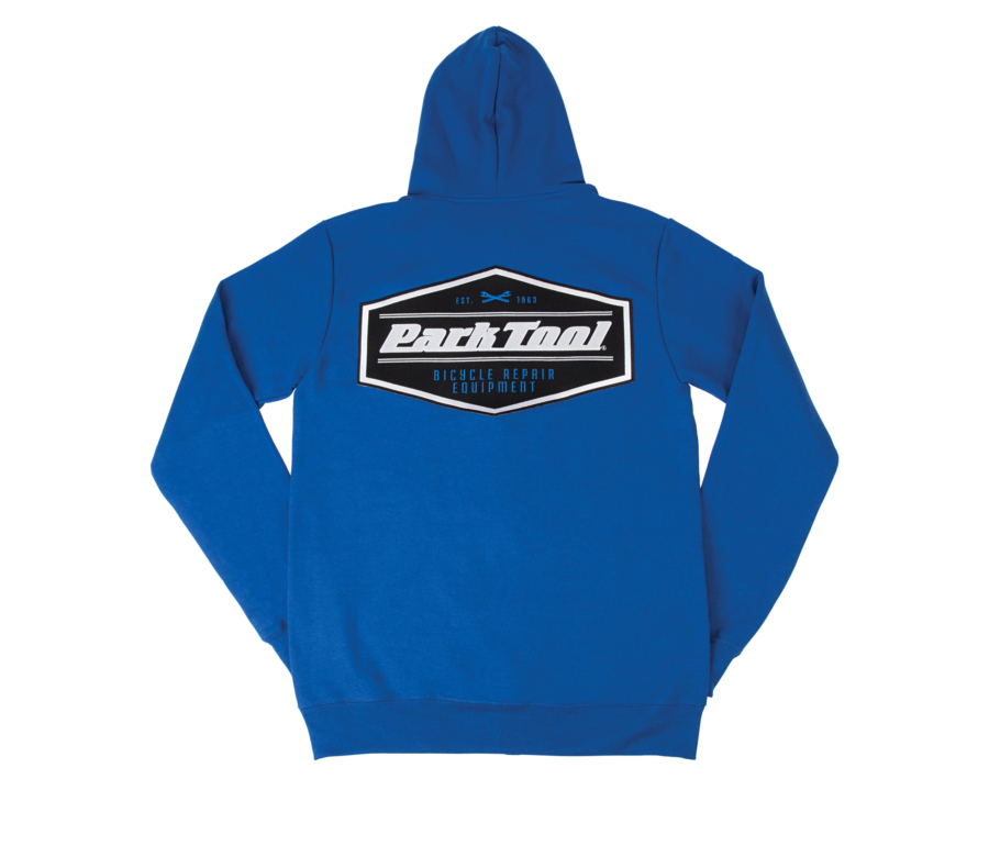 Back of the blue SWH-2 zip up hoodie with large emblem on the back, enlarged