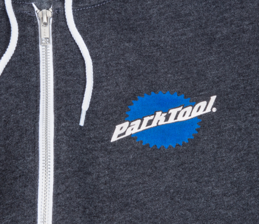 Screen printed Park Tool logo in the left pocket area of the SWH-6 Gray Zip-Up Hoodie, enlarged