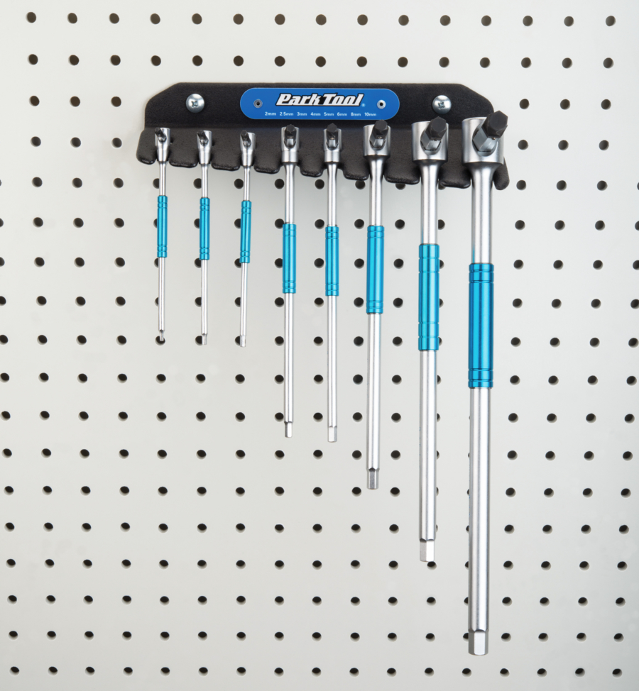 Park Tool THH 1 Sliding T-Handle Hex Wrench Set hanging on a pegboard, enlarged